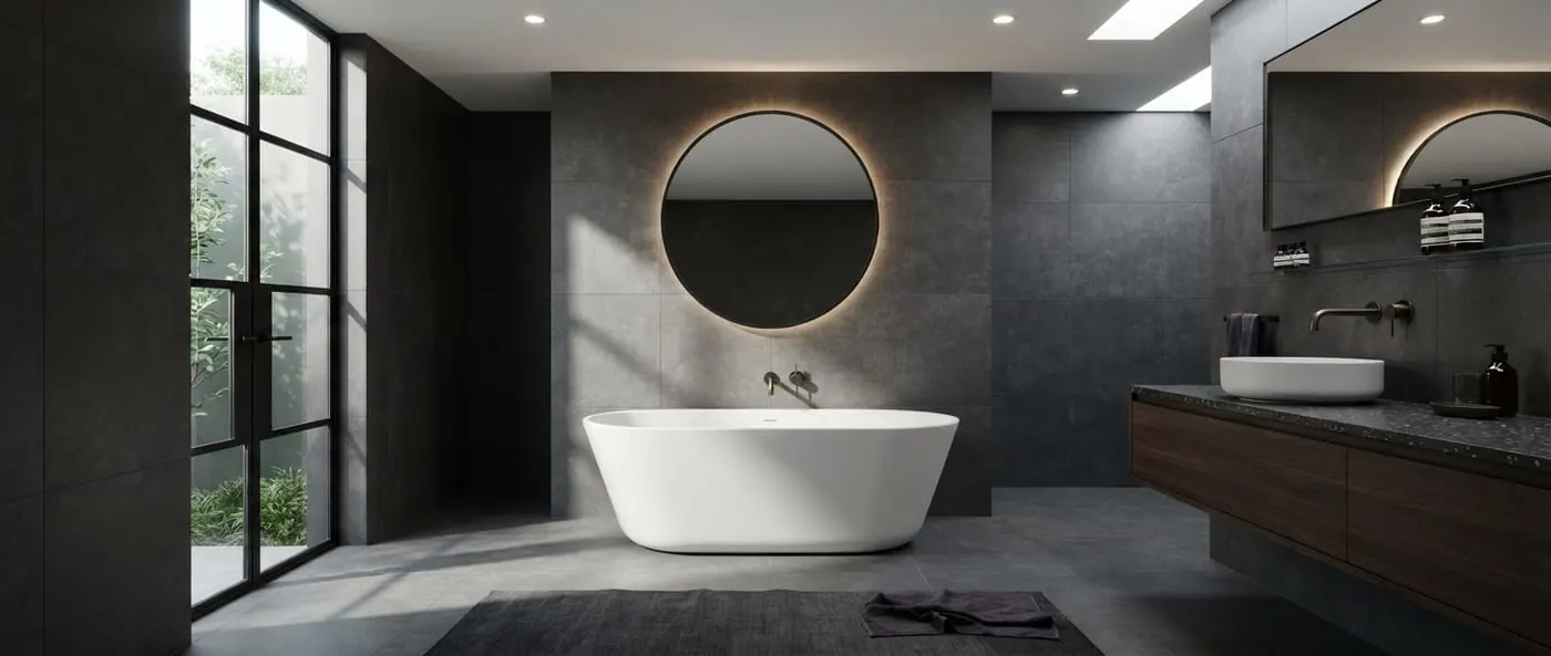 Baie renovată complet, cu cadă freestanding, oglindă rotundă iluminată și gresie antracit